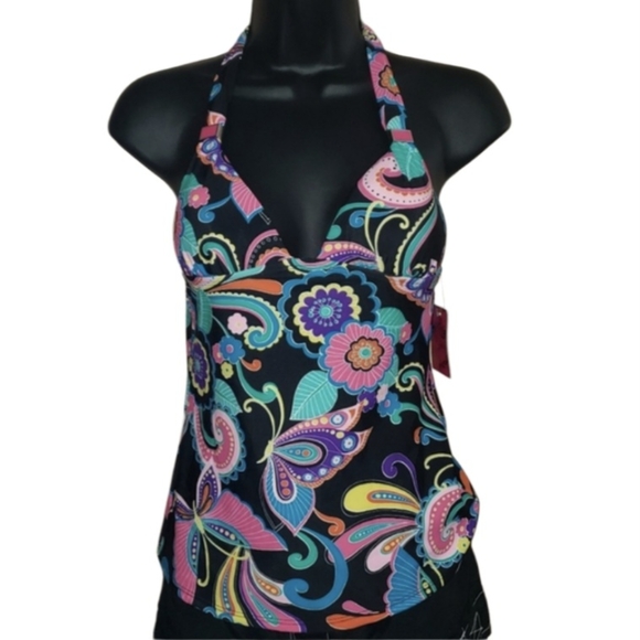 CANDIE'S Bright Neon Colorful Rainbow Floral Butterfly Halter Tankini Top Sz XS - Picture 2 of 16